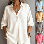 Women's Loose Linen Look Shirt with Oversized Cut and Round Hem Fashion Glam