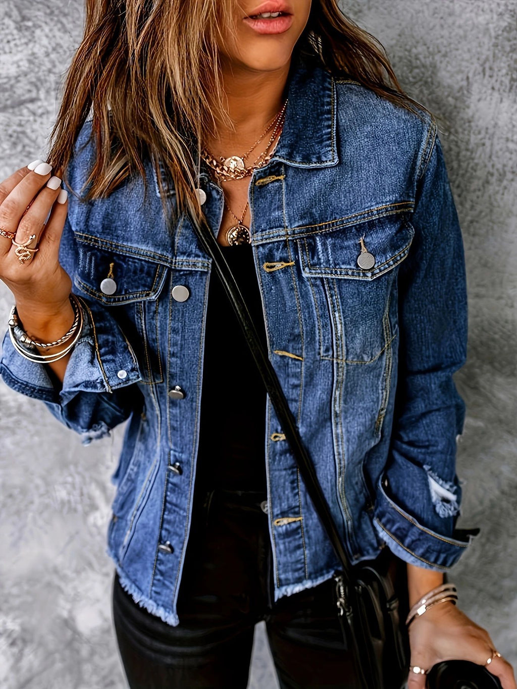 Ladies short cut denim jacket in trucker style with fringe detailing Fashion Glam