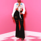 Women High-Waisted Destroyed Flared Jeans with Raw Hem and Fringe Details Fashion Glam