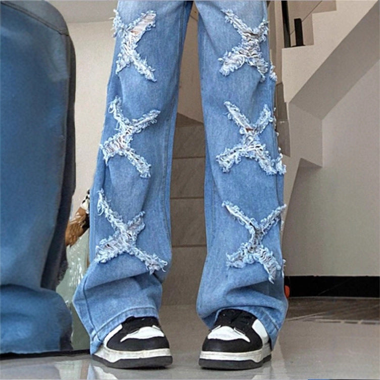 Women's Loose Denim Jeans in Baggy Style with Decorative Fringe Star Appliqués Fashion Glam