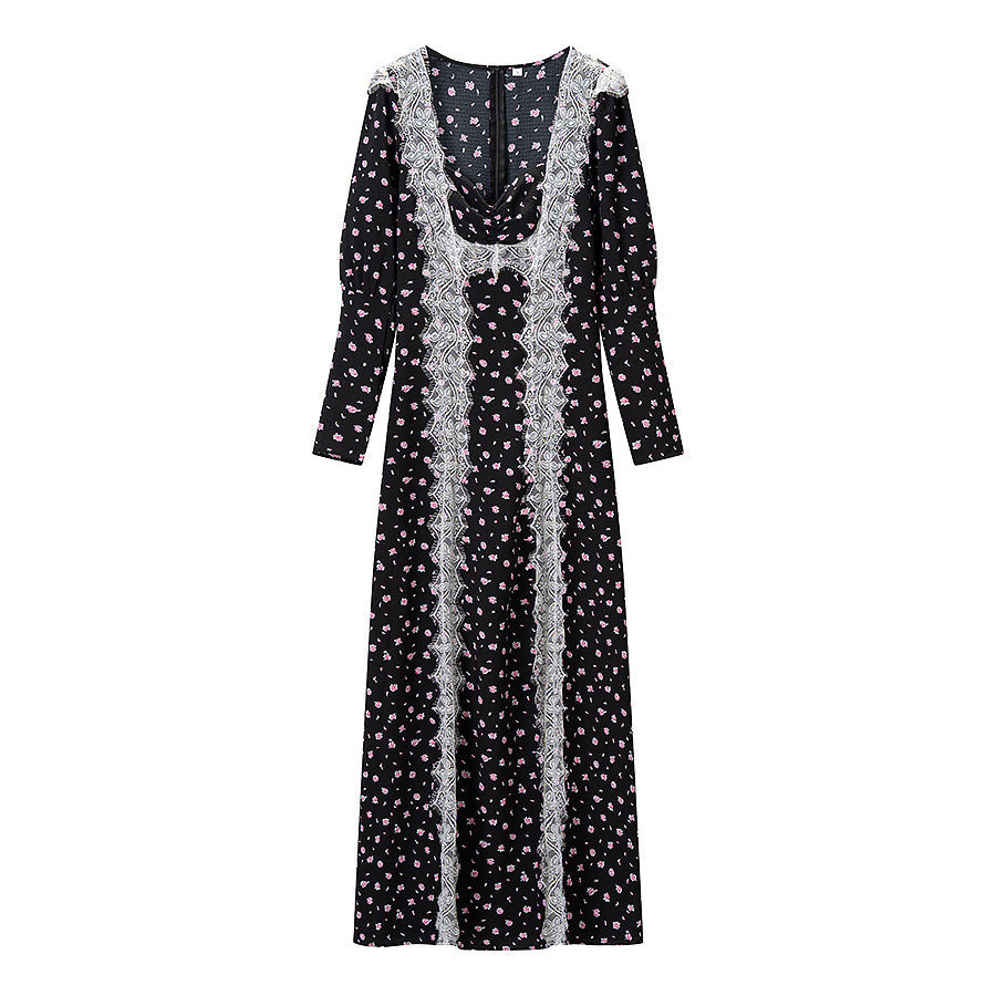 Women's maxi dress in boho style with vertical lace panels and loose U-neckline Fashion Glam