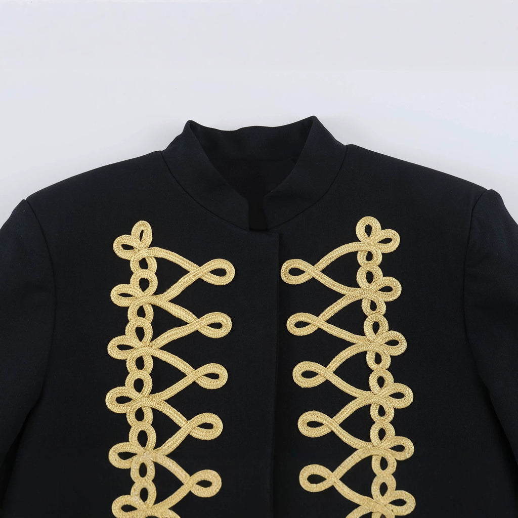 Women's Cropped Bolero Jacket with High Stand-Up Collar and Decorative Galloon Trim Fashion Glam
