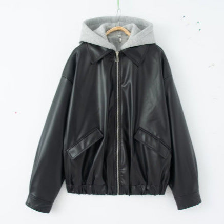 Women Oversize Faux Leather Blouson with Hood Insert and Flap Pockets Fashion Glam