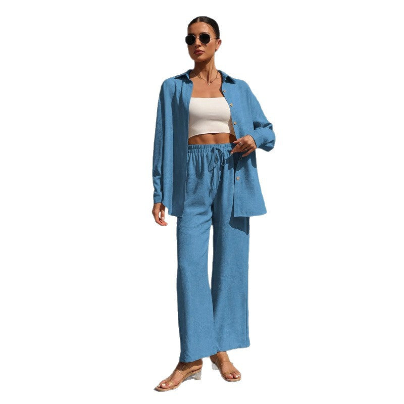 Women's Two-Piece Linen Look Loungewear Set with Oversized Shirt and Wide Comfort Palazzo Fashion Glam