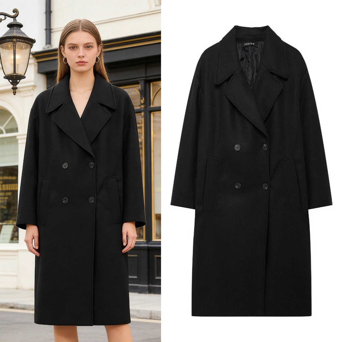 Women's Double-Breasted Wool Blend Coat with Oversized Cut and Lapel Collar Fashion Glam