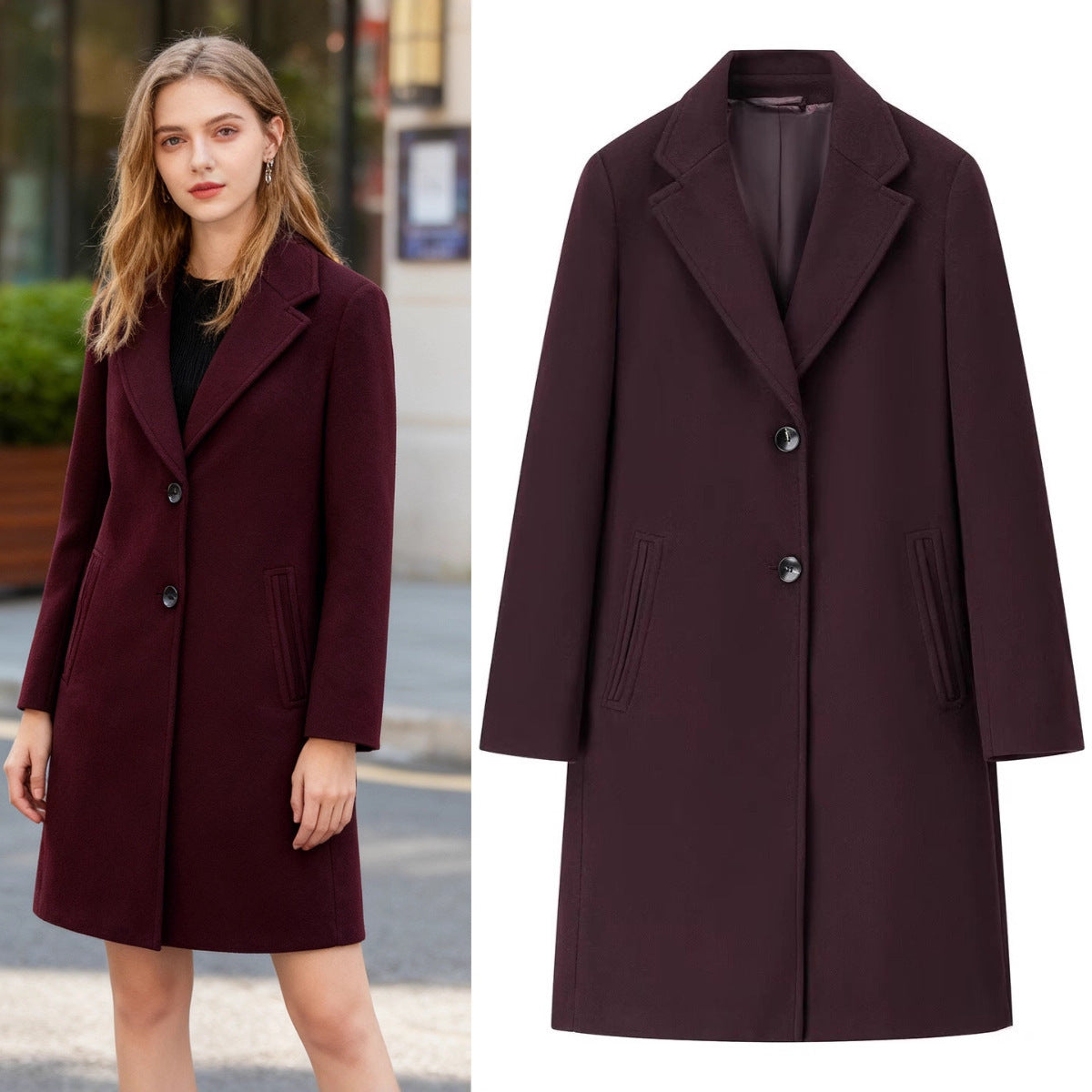 Women's Longline Single-Breasted Wool Blend Coat with Notched Collar and Welt Pockets Fashion Glam