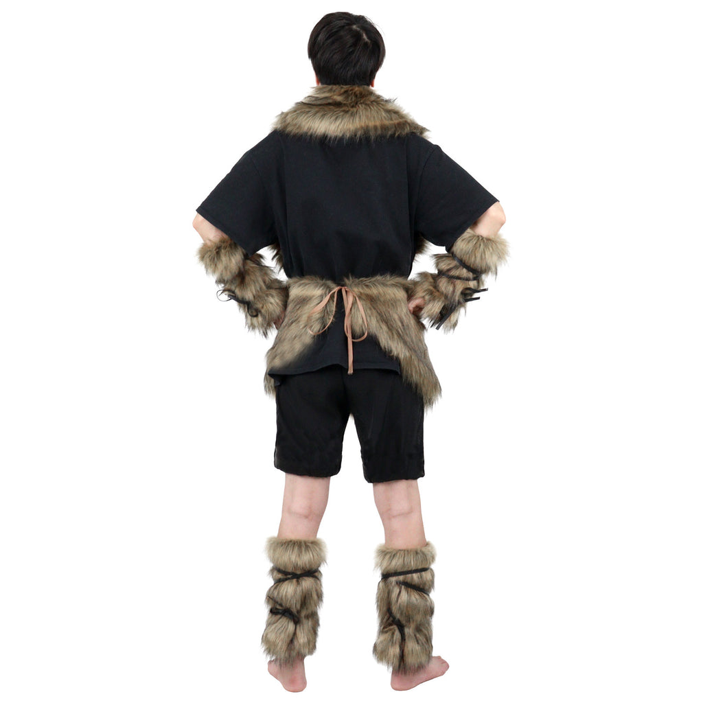 Men's Viking-inspired faux fur accessory set with shawl collar hip apron arm protectors and shin guards Fashion Glam
