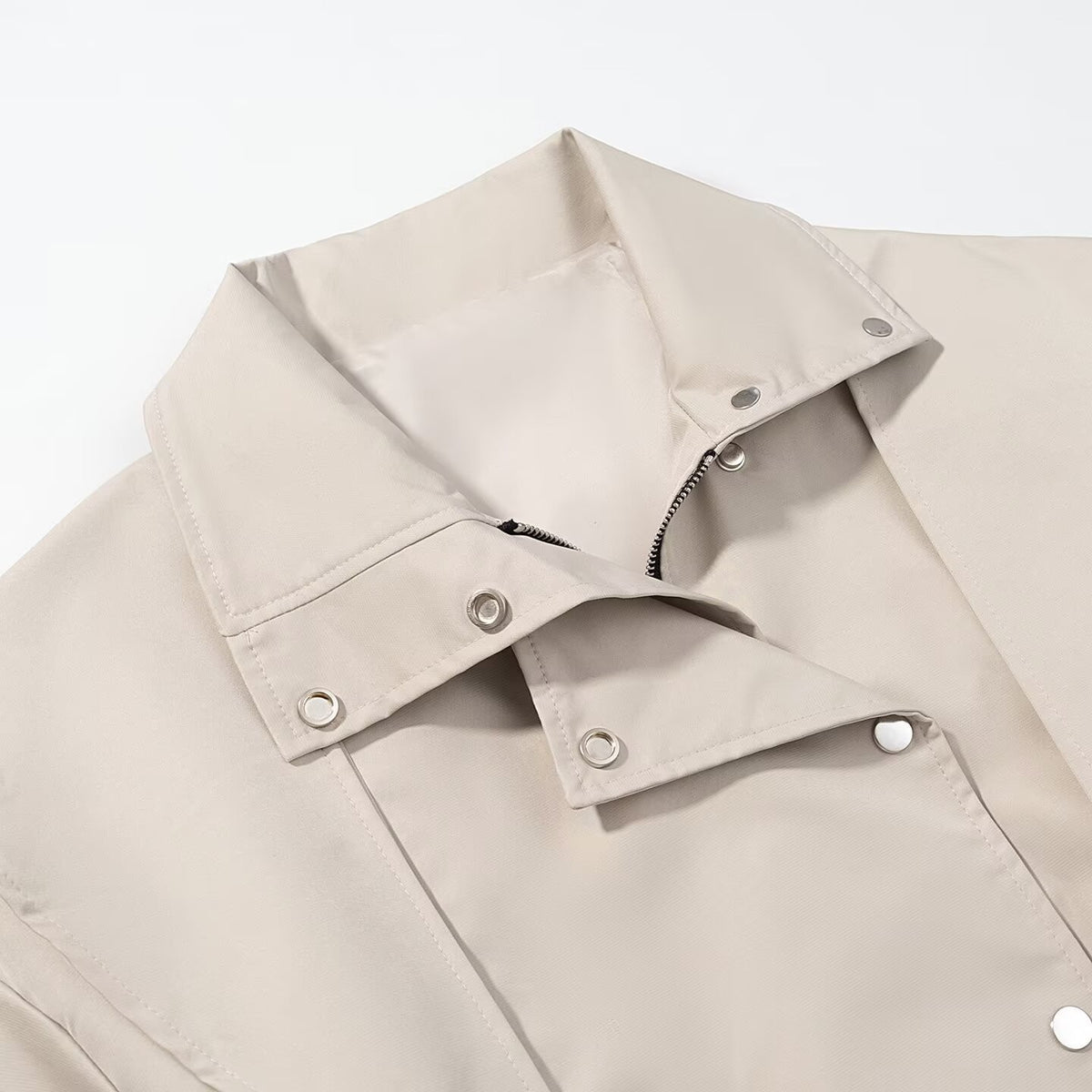 Women's Short Cape Trench with Stand Collar, Waist Belt, and Patch Pockets Fashion Glam
