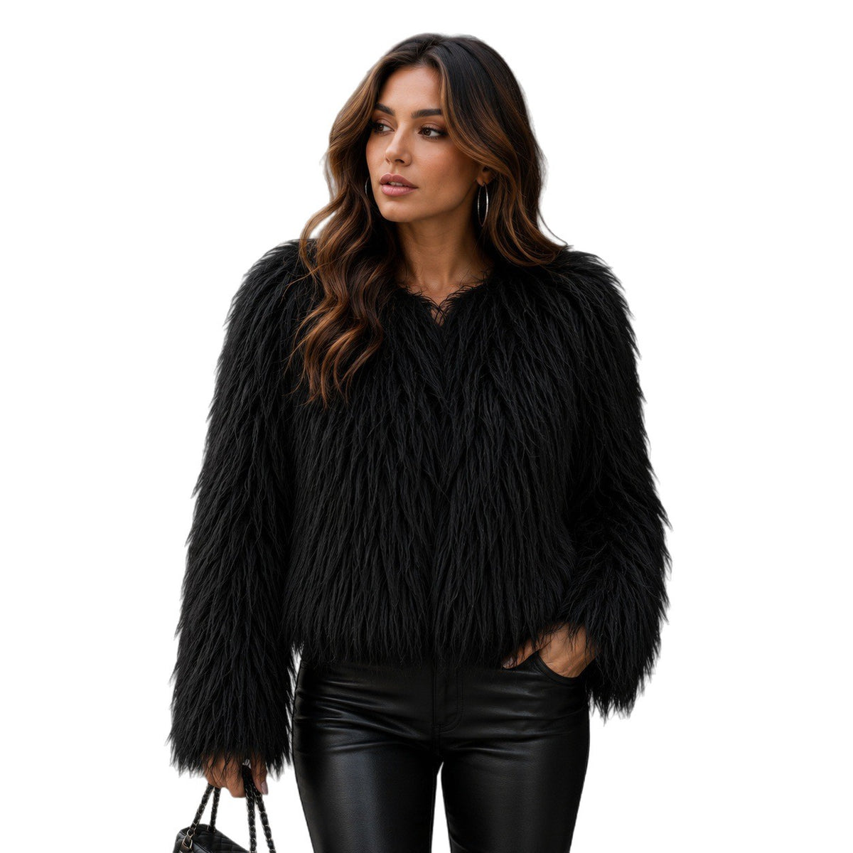 Women Short-Cut Shaggy Faux Fur Jacket with Round Neck, Extra Soft Long Hair and Casual Fit Fashion Glam