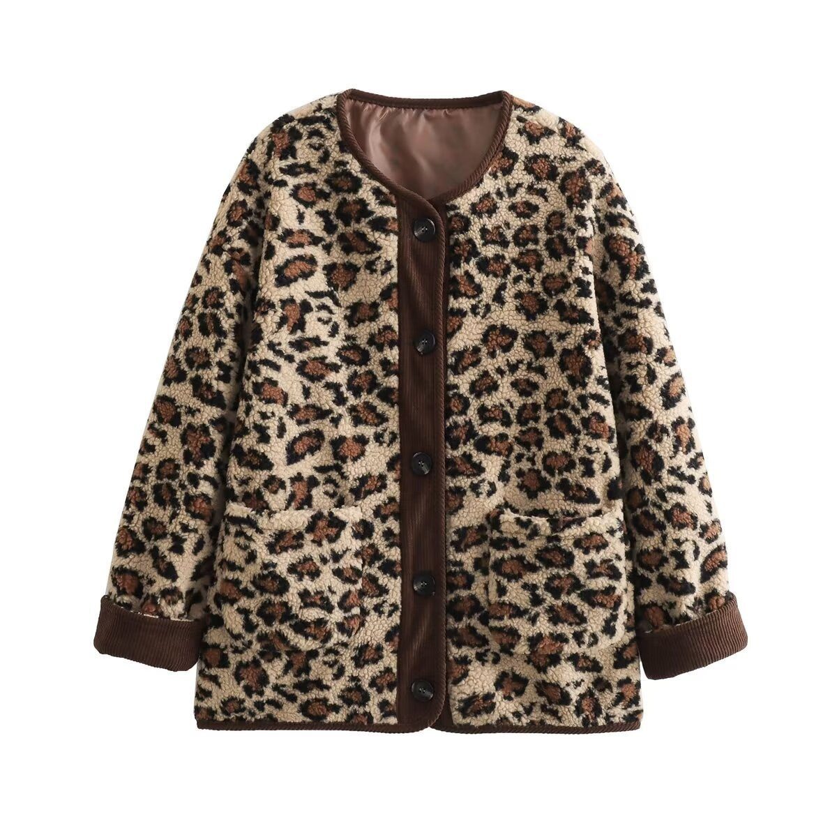Women's Oversized Faux Fur Jacket in Leopard Print with Cord Trim and Patch Pockets Fashion Glam