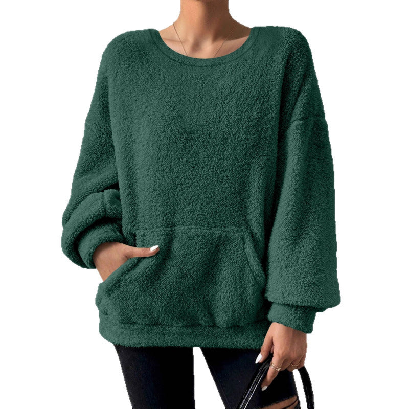 Ladies Cozy Oversized Sherpa Sweater with Kangaroo Pocket and Balloon Sleeves Fashion Glam