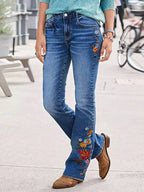 Women's Bootcut Jeans with Side Floral Embroidery and Comfortable Stretch Waistband Fashion Glam