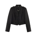 Women's Short Military-Style Blazer with Cord Decoration, Stand Collar and Decorative Frog Buttons Fashion Glam