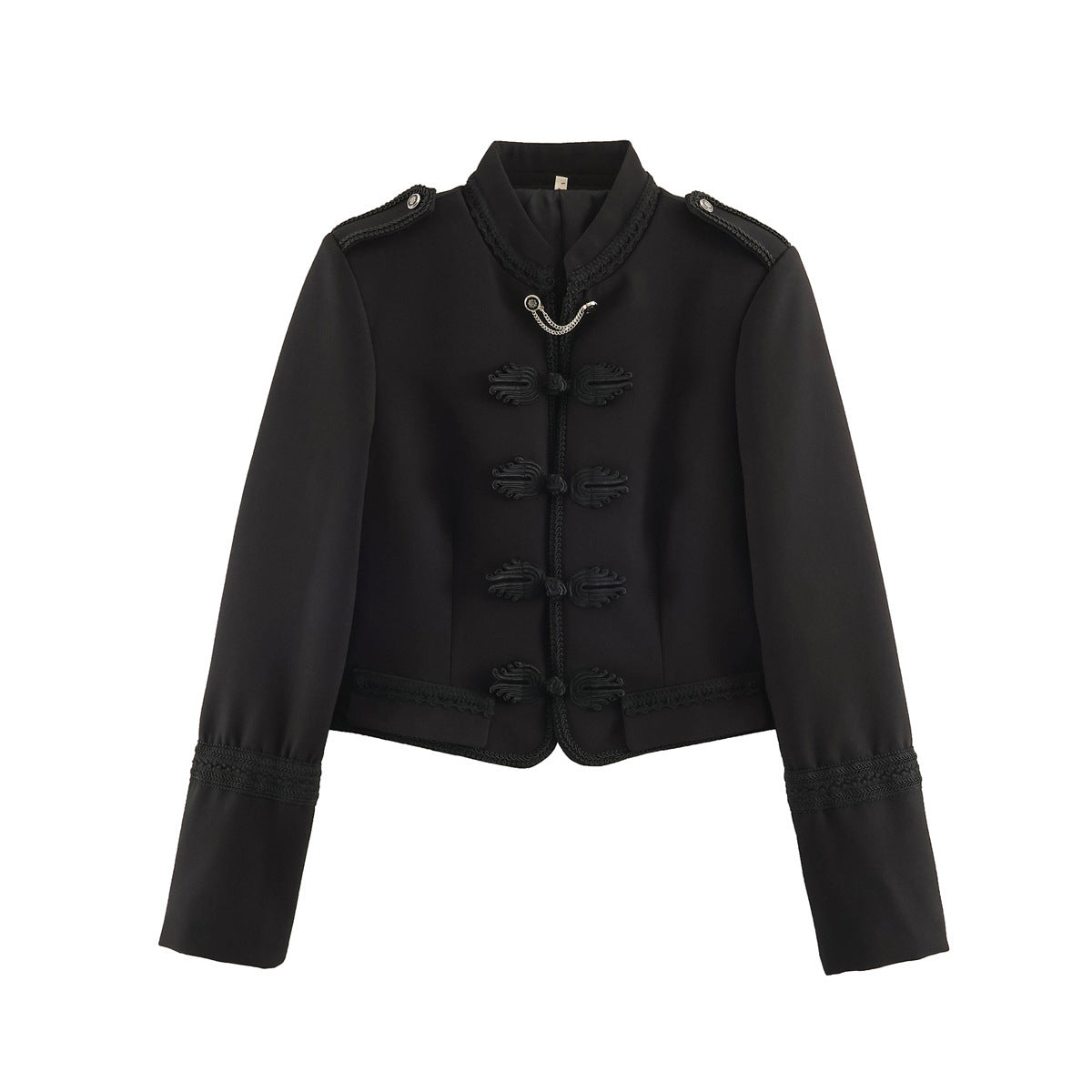 Women's Short Military-Style Blazer with Cord Decoration, Stand Collar and Decorative Frog Buttons Fashion Glam