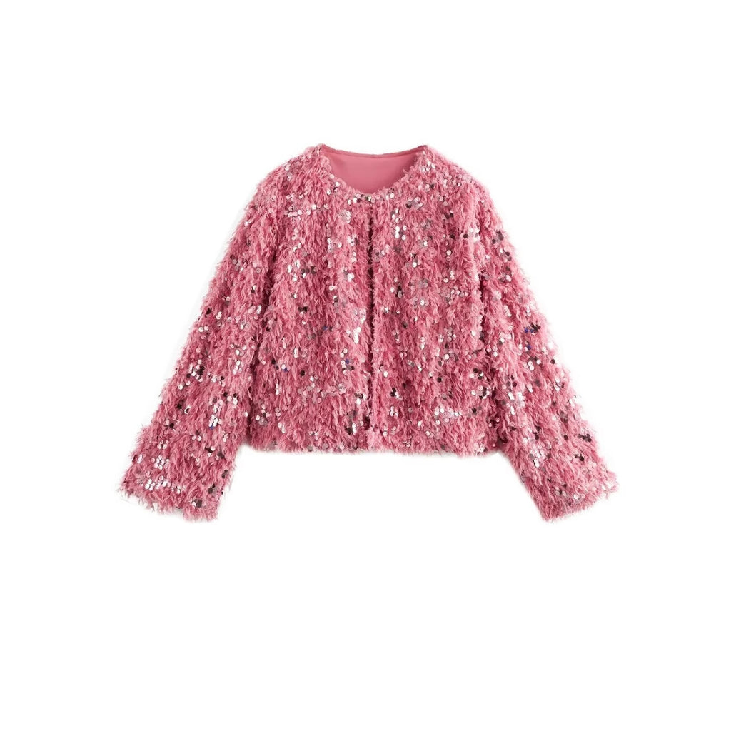 Women's Cropped Jacket made of fluffy Faux Fur with sequin trim Fashion Glam