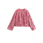Women's Cropped Jacket made of fluffy Faux Fur with sequin trim Fashion Glam