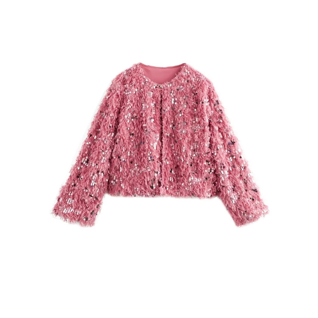 Women's Cropped Jacket made of fluffy Faux Fur with sequin trim Fashion Glam