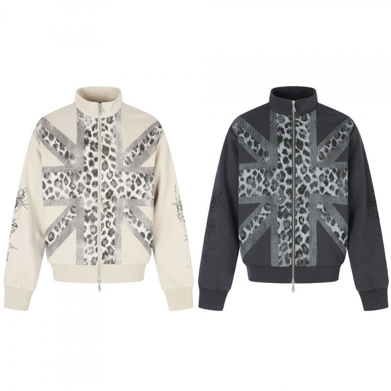 Unisex Short Cut Boxy Jacket with Zipper, High Stand Collar and Leopard Union Jack Print Fashion Glam