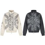 Unisex Short Cut Boxy Jacket with Zipper, High Stand Collar and Leopard Union Jack Print Fashion Glam