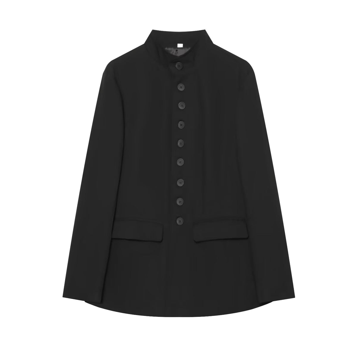 Women's Long Cut Blazer with Stand-up Collar and Full Length Button Placket Fashion Glam