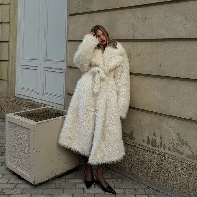 Women’s Maxi Faux Fur Coat with Voluminous Shawl Collar and Wrap Belt Fashion Glam