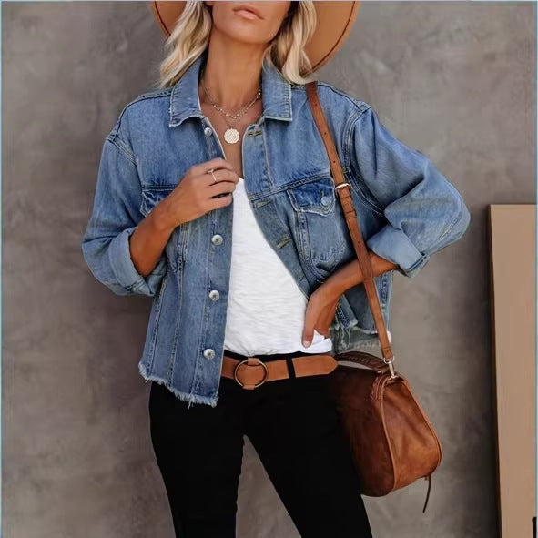 Women's Short Cut Oversized Denim Jacket with Frayed Hem and Flap Pockets Fashion Glam