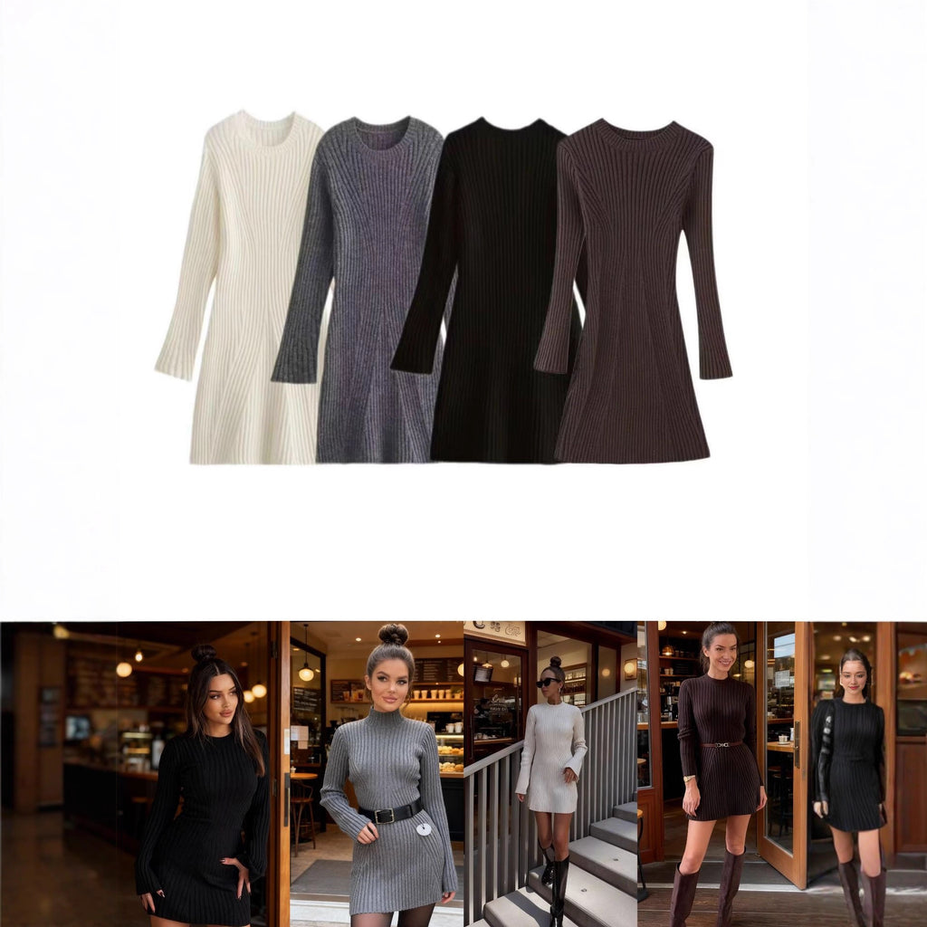 Women's Ribbed Knit Dress with Flared A-Line and Wide Cuffs Fashion Glam