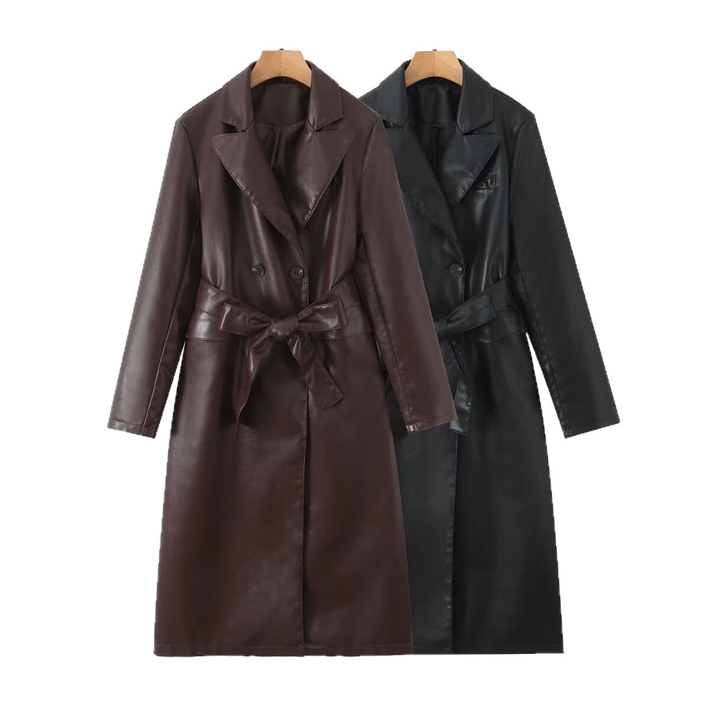 Women's longer tailored coat in leather look with tie belt and lapel collar Fashion Glam