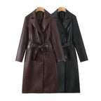 Women's longer tailored coat in leather look with tie belt and lapel collar Fashion Glam