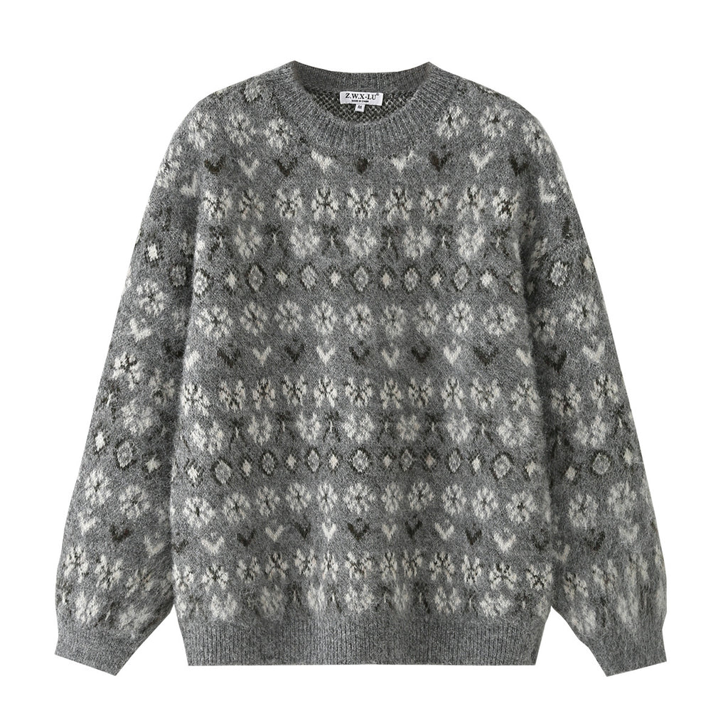 Women Oversize Mohair-Mix Sweater with Round Neck and Fair Isle Pattern Fashion Glam
