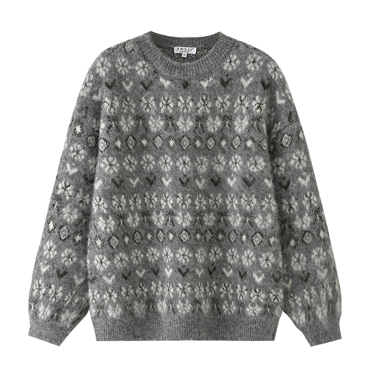 Women Oversize Mohair-Mix Sweater with Round Neck and Fair Isle Pattern Fashion Glam