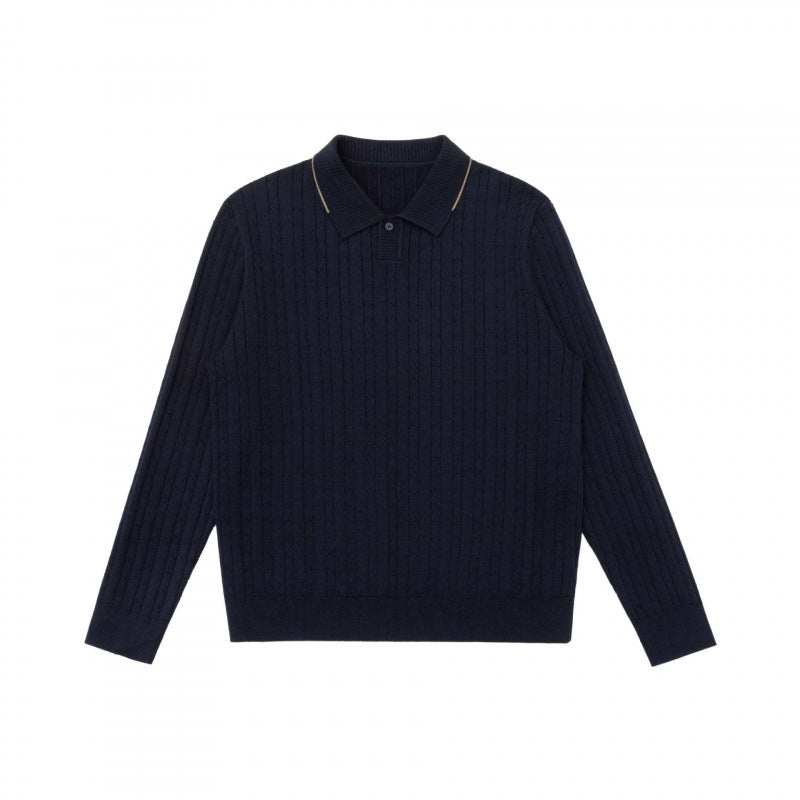 Men's polo collar knitted sweater with cable pattern and fine button placket Fashion Glam