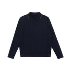 Men's polo collar knitted sweater with cable pattern and fine button placket Fashion Glam