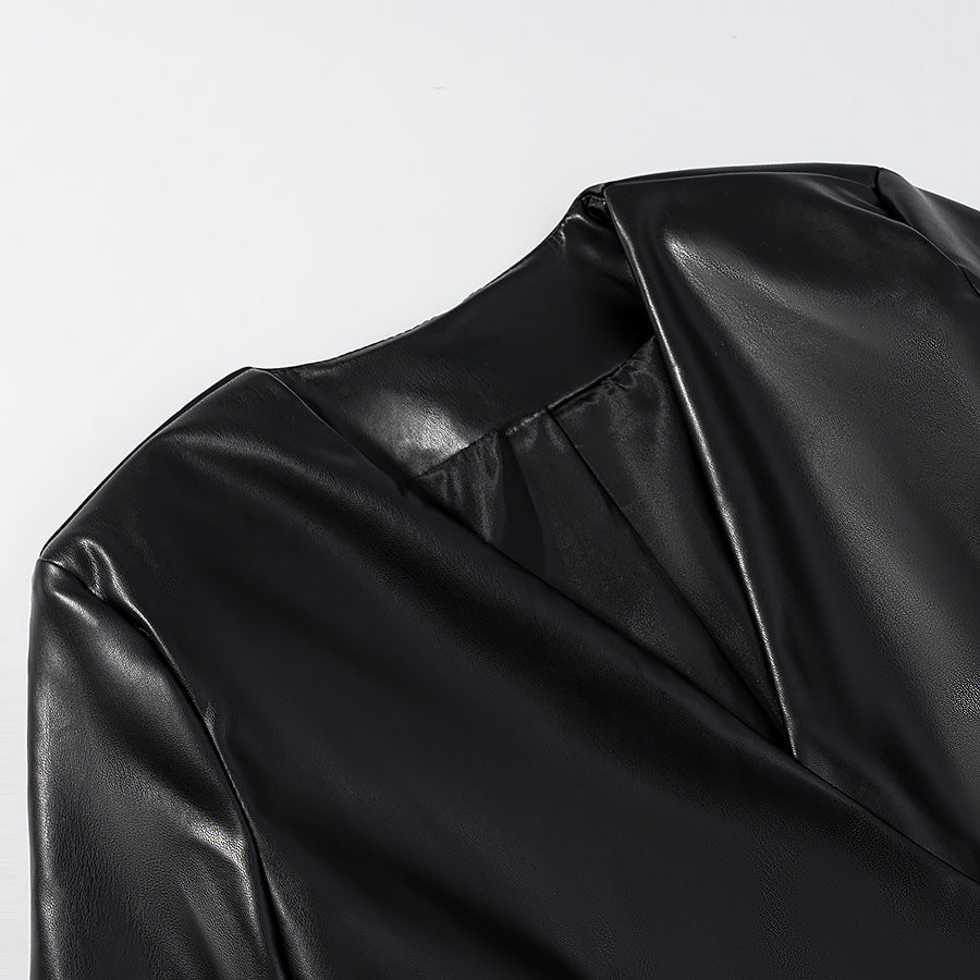 Women's Tailored Faux Leather Blazer with Single Button and Contoured Silhouette Fashion Glam