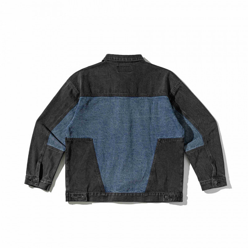 Unisex Two-tone Oversized Denim Jacket in Worker Look with Patch Chest Pockets and Straight Hem Fashion Glam