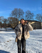 Women Flecked Short Faux Fur Jacket with Boxy Silhouette and Voluminous Pile Fashion Glam