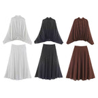 Women's Two-Piece Retro Polka Dot Set with Wide Batwing Top and Pleated Midi Skirt Fashion Glam