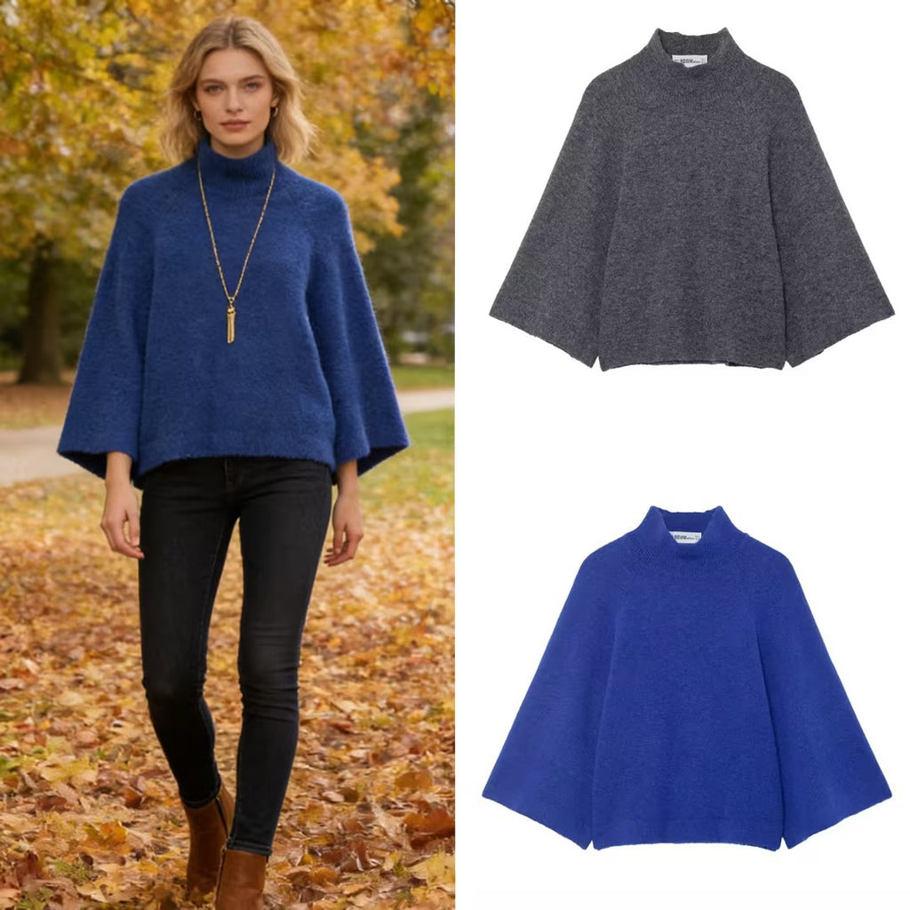 Women's Oversize Knit Poncho with Stand-Up Collar and Wide Swing Cut Fashion Glam