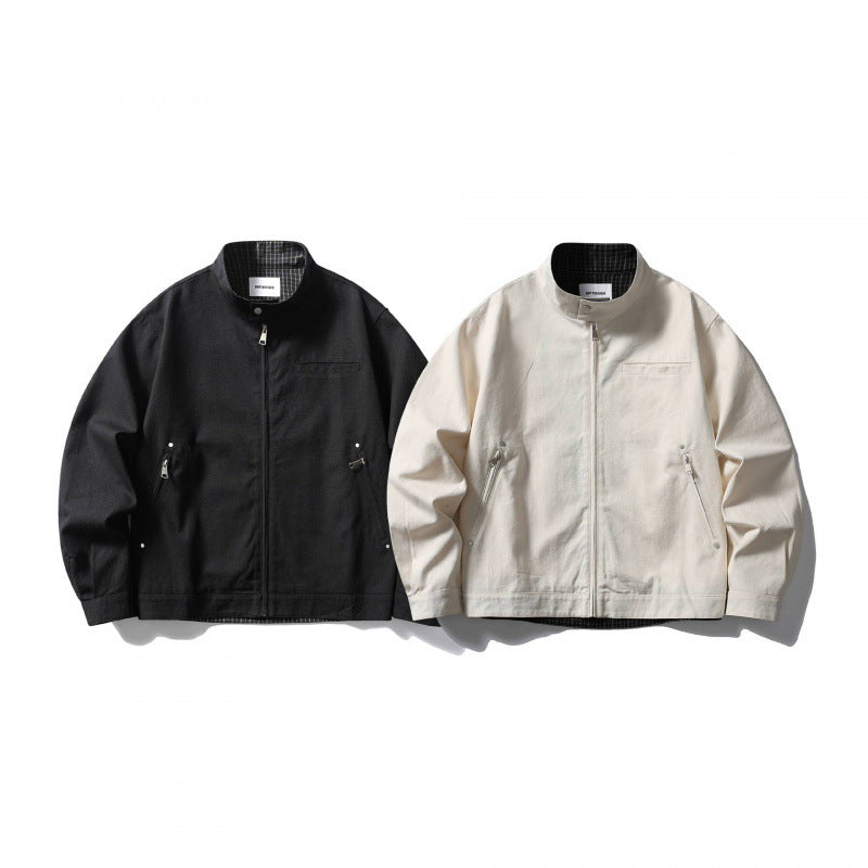 Men's lightweight cotton canvas jacket with stand-up collar and plaid lining Fashion Glam