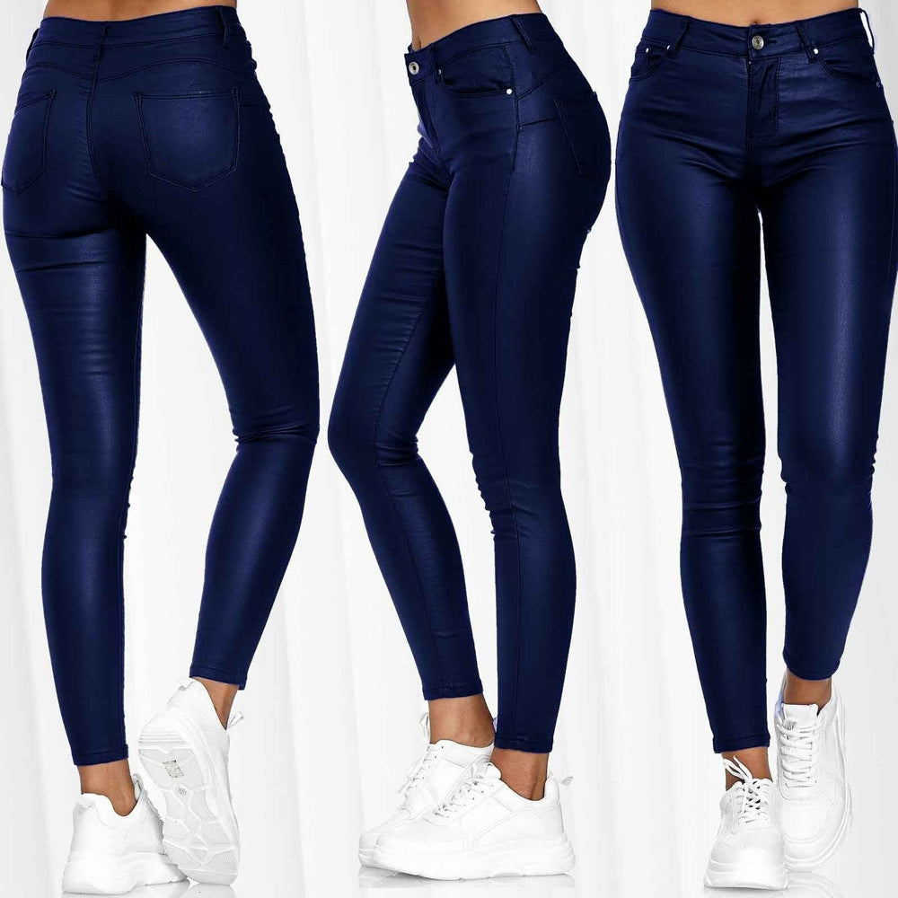 Women's Coated High-Waist Skinny Jeans Look Pants Fashion Glam