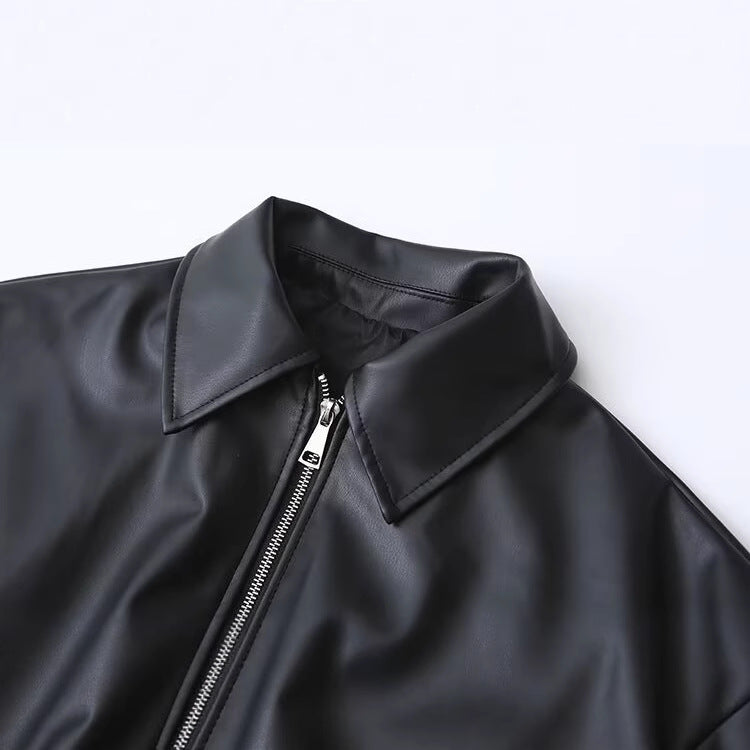Women's Oversize Faux Leather Bomber Jacket with Zipper, Elastic Hem and Flap Pockets Fashion Glam