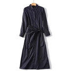 Women Oversized Button-Down Dress with Side Knot Belt and Midi Length Fashion Glam
