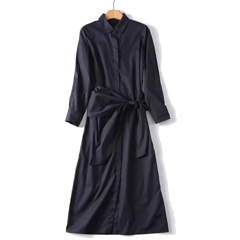 Women Oversized Button-Down Dress with Side Knot Belt and Midi Length Fashion Glam