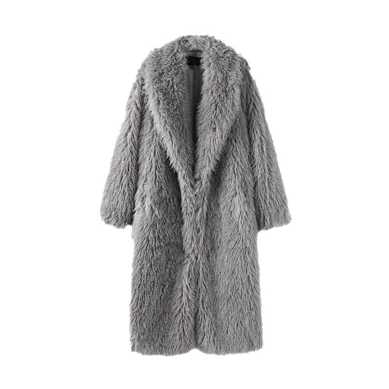 Women's Maxi Long Faux Fur Coat with Long Pile and Oversized Silhouette Fashion Glam