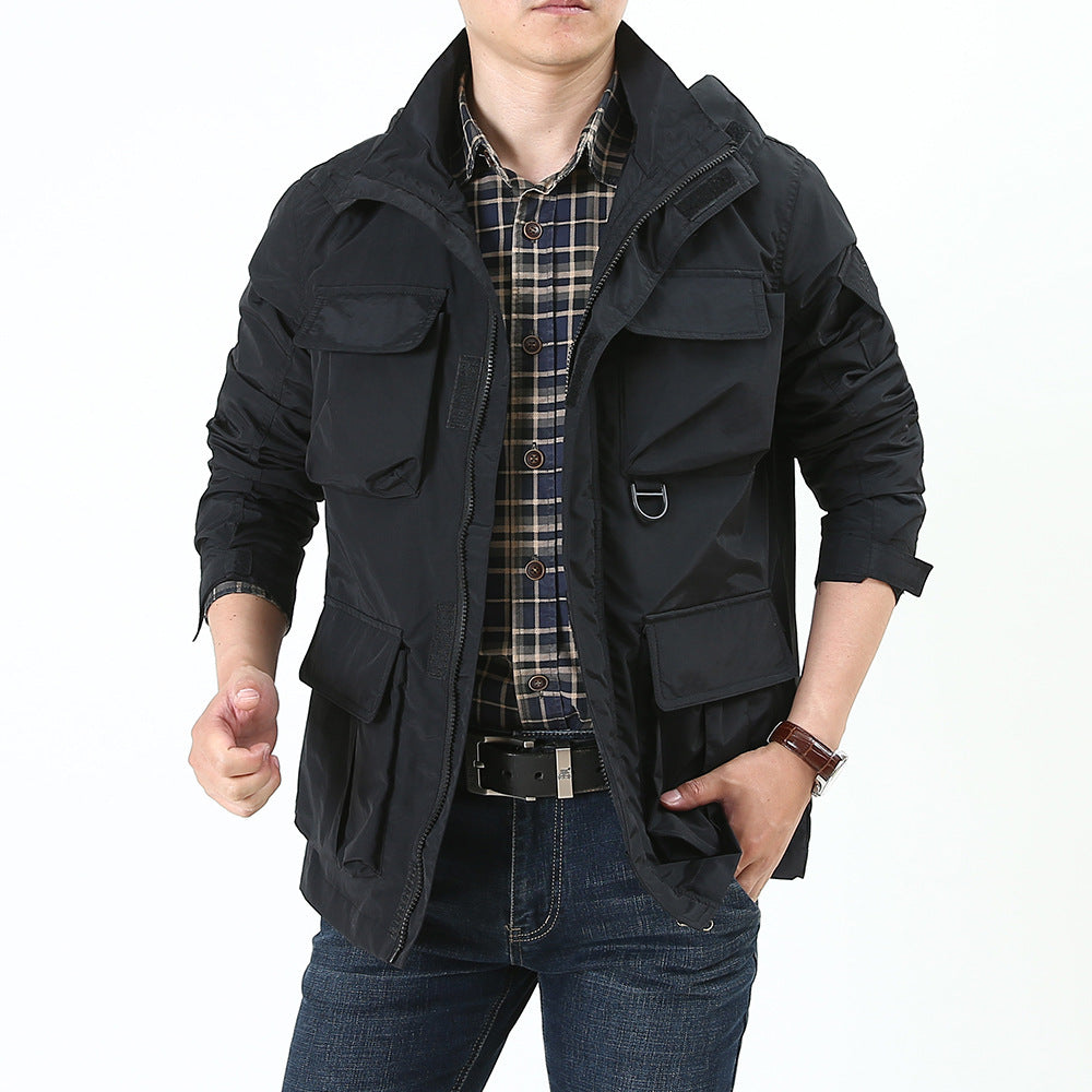 Men's urban field jacket with multiple pockets, wind-resistant surface and concealed hood Fashion Glam