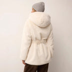 Women's short fitted faux fur coat with hood and tie belt Fashion Glam