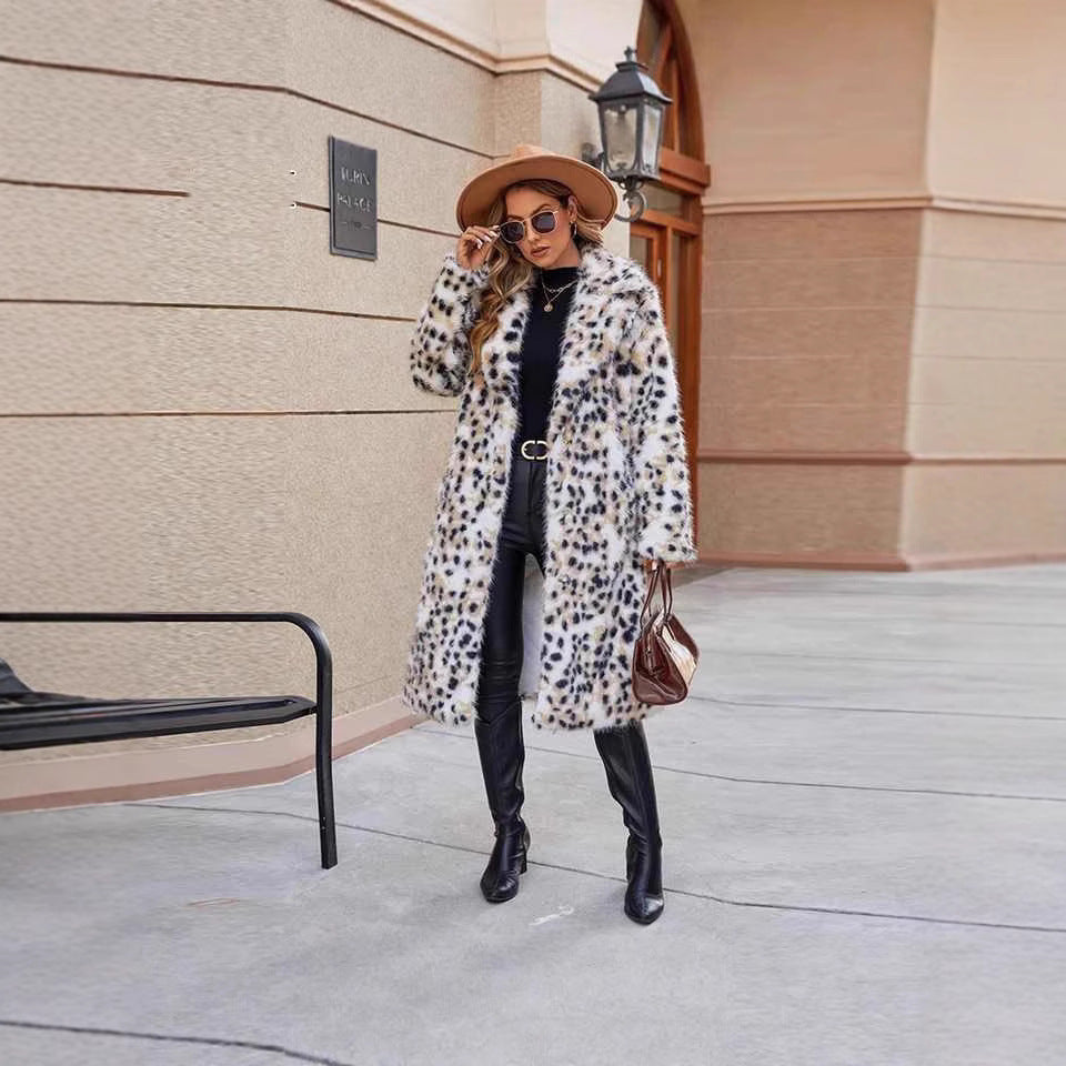 Ladies Midi Faux Fur Coat with Leopard Print, Tailored Tie Belt and Shawl Collar Fashion Glam