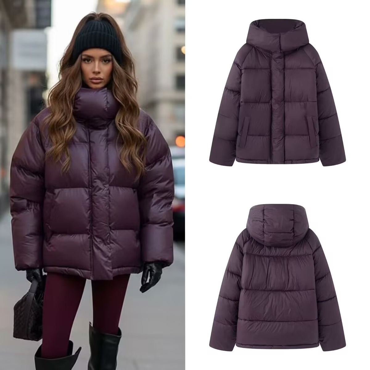 Women's Oversize Quilted Puffer Jacket with High Collar and Hood Fashion Glam