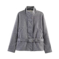 Women's Boxy Wool Jacket with Stand-Up Collar, Concealed Snap Button Placket and D-Ring Waist Belt Fashion Glam