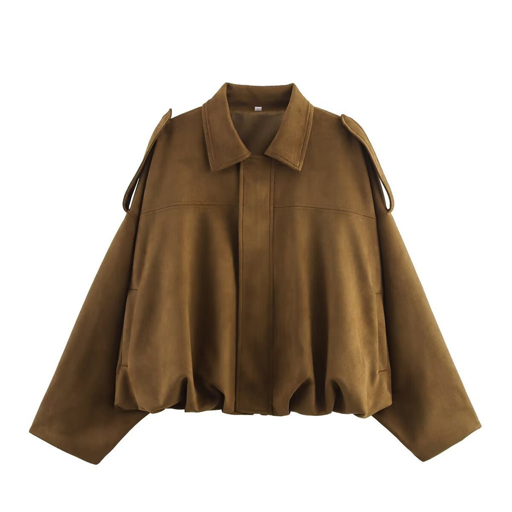 Women Cropped Oversized Blouson Jacket in Velour Look with Drawstring Hem and Epaulettes Fashion Glam